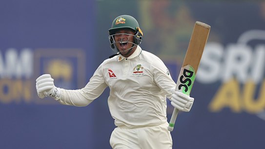 Usman Khawaja celebrates his century in Galle.