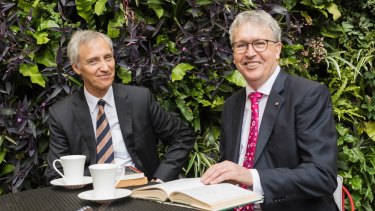 Ramsay Centre chief executive Simon Haines and University of Wollongong vice-chancellor Professor Paul Wellings.