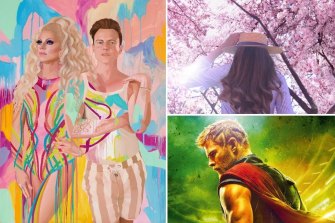 Clockwise, from main: Kim Leutwyler ‘Courtney and Shane’, oil on canvas, 102 x 76.3 cm © the artist; Sydney Cherry Blossom Festival; Supanova Comic Con and Gaming is one for Marvel fans.
