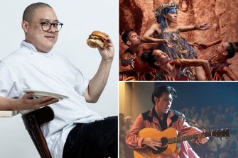 Clockwise from main: Dan Hong has created the menu for Vivid Sydney Dinner; Bangarra’s SandSong plays at the Opera House; Baz Luhrmann’s Elvis (starring Austin Butler in the title role) is coming to the Sydney Film Festival.