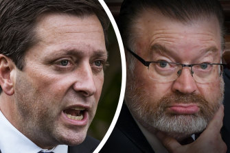 Victorian Opposition Leader Matthew Guy (left) has previously said the party is sick of Bernie Finn’s social media posts.