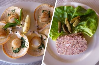 Left: The coquilles Saint-Jacques – scallops with butter, cream and parsley. Right: Pork terrine with cornichon at France Soir.