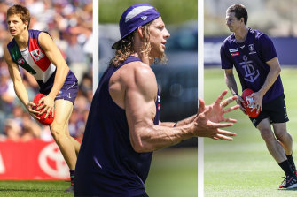Nat Fyfe on debut in 2010 (left), during pre-season this year and on the training track this week. 
