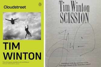Cloudstreet's new cover and, on the right, a signed Scission title page.