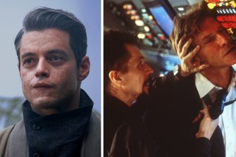 Rami Malek as James Bond’s nemesis Lyutsifer Safin in No Time to Die (left) and Gary Oldman’s villain Ivan Korshunov holds the US President, played by Harrison Ford, hostage in Air Force One (right).