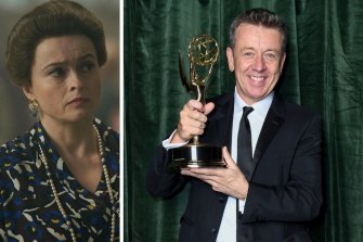 Helena Bonham Carter (left) missed the Emmys, while The Crown creator Peter Morgan (right) celebrated the show’s sweep of the drama categories.