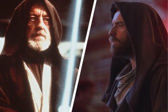 Sir Alec Guiness dans le rôle d'Obi-Wan Kenobi dans le film Star Wars de 1977 et, à droite, McGregor dans le rôle d'Obi-Wan Kenobi dans la nouvelle série Disney+.