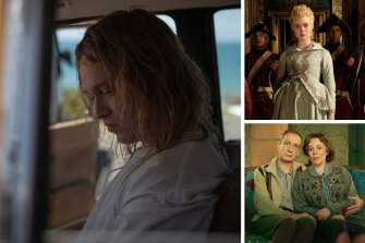 Clockwise from main: Caleb Landy Jones in Nitram, Elle Fanning in The Great and David Thewlis and Olivia Colman in Landscapers.