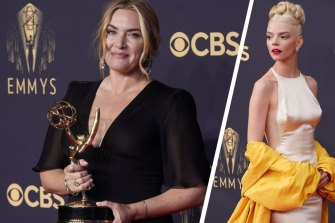 Kate Winslet (left) celebrates her win for outstanding lead actress in a limited or anthology series or movie for Mare of Easttown. The Queen’s Gambit, starring Anya Taylor-Joy (right) won outstanding limited or anthology series.