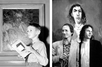 Garry Shead as a young boy, left, with the program for the Archibald, Wynne and Sulman prizes in 1952. On the right, Shead with Tom Thompson in front of his 1993 Archibald-winning portrait of Thompson. 