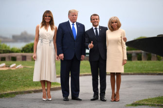 Brigitte chose a Louis Vuitton shift dress for her meeting with Donald and Melania Trump in 2019.