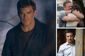 Clockwise, from main: Michael C. Hall in Dexter: New Blood, Matt Damon in Stillwater and Jeremy Renner in Mayor of Kingstown.