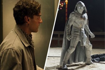 Oscar Isaac as Steven Grant/Marc Spector and, right, transformed as Moon Knight.