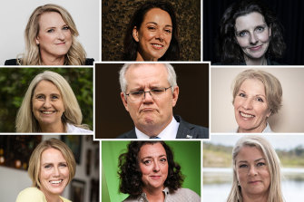 PM Scott Morrison (centre) and some of the independent female candidates that might cause him headaches at the 2022 election. Pictured (clockwise from top left): Kylea Tink (North Sydney), Sophie Scamps (Mackellar), Allegra Spender (Wentworth), Penny Ackery (Hume), Claire Boardman (Flinders), Monique Ryan (Kooyong), Zoe Daniel (Goldstein) and Linda Seymour (Hughes). 