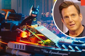 Batman, voiced by Will Arnett (inset), in a scene from The Lego Batman Movie.