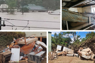 The Bookers’ family home (top left) is a write-off after it was almost fully submerged by water in the Lismore floods. 