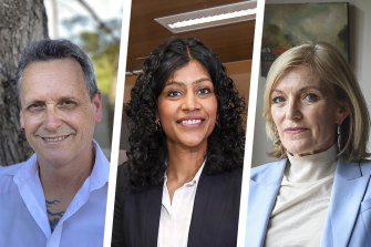 Crossbenchers (from left) Andy Meddick, Samantha Ratnam and Fiona Patten have been negotiating with the state government.