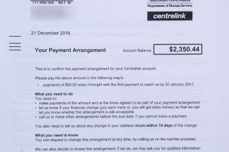 A Centrelink debt recovery notice received in December 2018.