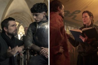 Left: David Michod talks to Timothee Chalamet on the set of The King. Right: Mirrah Foulkes directs Damon Herriman in Judy & Punch.