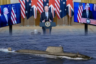 Scott Morrison joins US President Joe Biden and UK Prime Minister Boris Johnson to announce a pact between the three nations that will see a fleet of nuclear-powered submarines built in Adelaide.