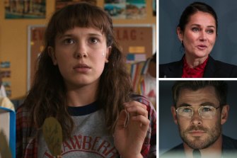 Clockwise from main: Millie Bobby Brown as Eleven in Stranger Things, Sidse Babett Knudsen in Borgen - Power & Glory and Chris Hemsworth in Spiderhead.