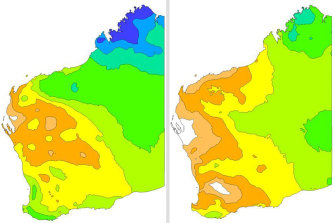 A map from the Bureau of Meteorology showing the average rainfall from November 1 to December 31, 2020 (left) compared to the same period in 2021 (right). Orange areas show lower rainfall in the state’s north in 2021, compared to heavy rain indicated by green and blue regions in 2020.  