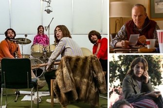 Clockwise, from main: The Beatles in the recording studio, Michael Keaton in Dopesick and Cobie Smulders in Stumptown.