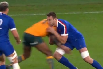 Shadow between Marika Koroibeteâ€™s shoulder and Anthony Jelonchâ€™s head indicates the first contact was on the French captainâ€™s shoulder.