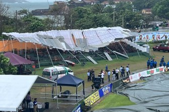The collapsed stand at Galle after wild weather on the morning of day two of the first Test between Sri Lanka and Australia.