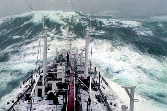 The tanker Stolt Surf faces a huge wave in 1977. The photo was taken from the bridge 22 metres above sea level, which the wave then crashed on top of, leaving a twisted metal gangway above deck and wreckage below.   