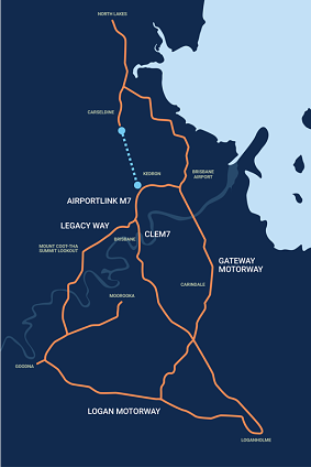 A Queensland government map showing Brisbane’s major toll roads and tunnels and the proposed Gympie Road Bypass tunnel (in light blue).