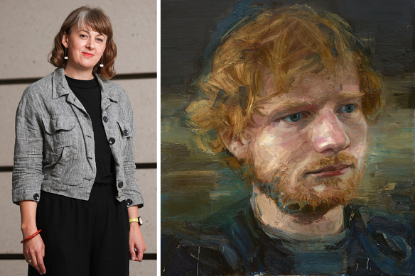 Left: Stephanie Carlton at the National Portrait Gallery, Canberra. Right: Detail of Ed Sheeran, 2016, by Colin Davidson. 