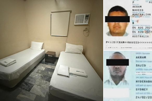 The hotel room in which Sajid and Naveed Akram stayed in Davao, Philippines; Passport photos of the alleged Bondi terrorists.