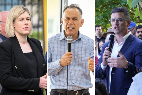 John Pesutto (centre) is set to face two challengers in Friday’s leadership vote: Jess Wilson and Brad Battin.