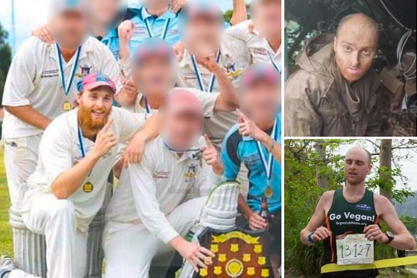 Oscar Jenkins with his former Toorak Prahran Cricket Club teammates, captured by Russian forces in Ukraine, and running in a cross country race in 2017.
