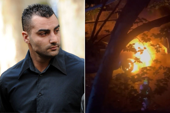 Comanchero bikie chief Mahmoud “Mick” Hawi; a ute torched in the Woollahra antisemitic attack.