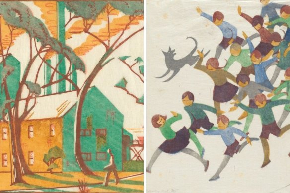 From left, Eveline Syme, The factory, 1933 (detail), and Ethel Spowers, School is Out, 1936 (detail). 