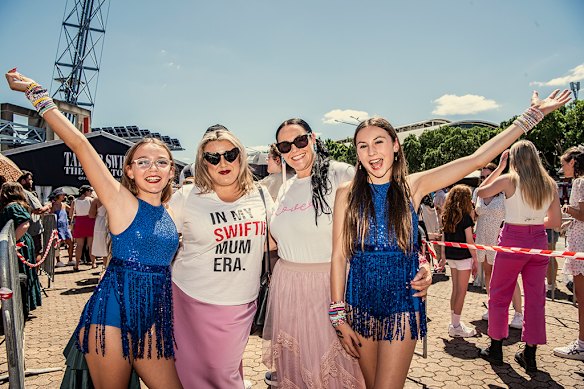 “In My Swiftie Mum Era”: Fans of Millennial star Taylor Swift, Addi and Jade Hassett with Louise and Ivy Hassett, in Sydney in 2024.