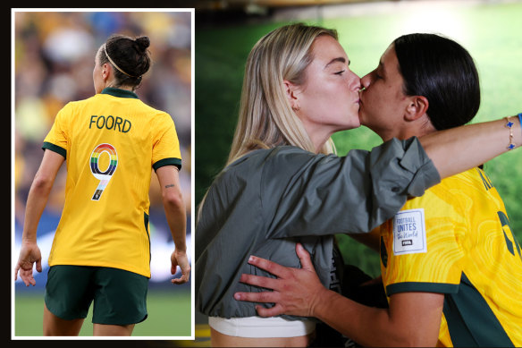 Caitlin Foord (left) wearing the Matildas pride jersey during the  2023 Cup of Nations; US player Kristie Mewis (centre) with partner Sam Kerr (right) following the Matildas’ quarter-final showdown with France.