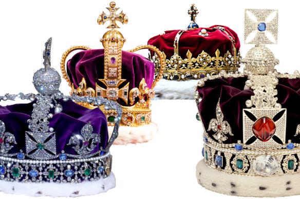 From left to right: Crown of Queen Elizabeth; St Edward’s Crown; Crown of Scotland; Imperial State Crown.