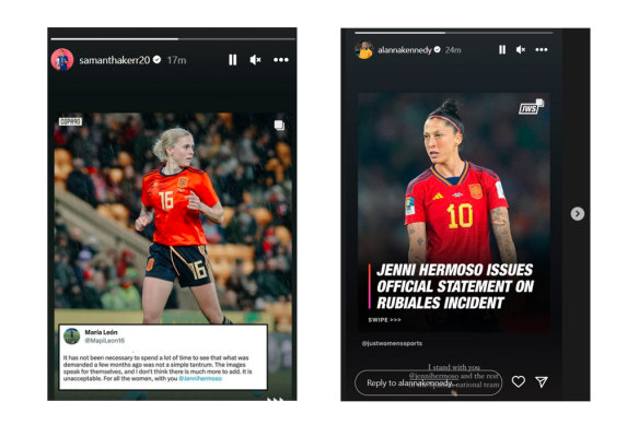 Matildas Sam Kerr and Alanna Kennedy were among those to share messages of support for Jenni Hermoso and the Spanish team. 