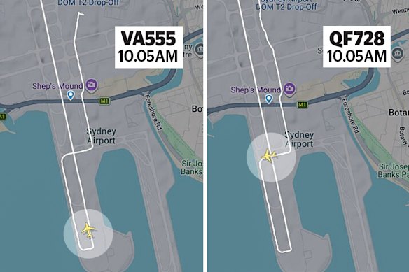 Flightradar24 shows the Virgin 737 beginning its take-off as the Qantas 737 crosses runway 34L at Sydney Airport. 