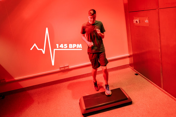 Nearly half an hour in the lab and a short step exercise doubles Angus Dalton’s heart rate. 