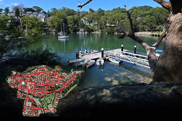 Boats moored at the Tunks Park ramp and (inset) a GPS-drawn “burbing” map of Cammeray.