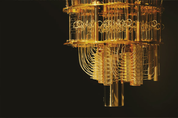 The elegant “exoskeleton” of an IBM quantum computer, supporting the chip within. 