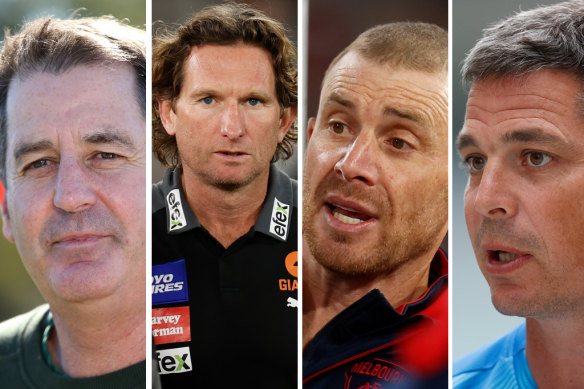 Ross Lyon, James Hird, Simon Goodwin and Adam Kingsley are all potential contenders for the coaching role at Essendon.