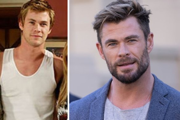 Chris Hemsworth as Kim Hyde in Home and Away and, right, in April 2021.