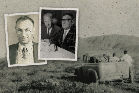 Don Rhodes, left, inked a deal in 1969 with iron ore pioneers Peter Wright and Lang Hancock, right, over a valuable tenement in Western Australia’s Pilbara region. 