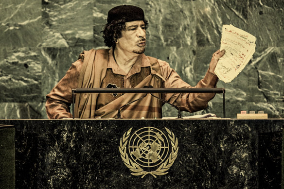 Libyan leader Muammar Gaddafi exceeds his time limit several times over while addressing the UN General Assembly in New York in 1990.