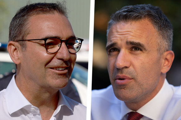 Former South Australian premier Steven Marshall (left) and new state leader Peter Malinauskas.